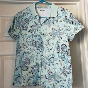 Lands' End 100% Supima Cotton Body mint green and turquoise patterned polo tee